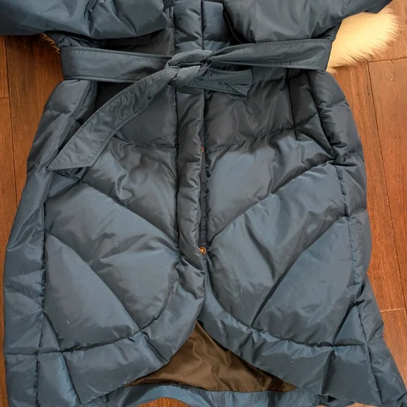 Lands' End Navy Blue Tie Waist Midi Puffer Coat Faux Fur LT Large Tall 14-16 - Picture 2 of 11